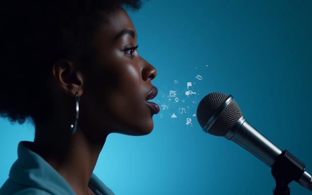 Person speaking into a microphone with sound waves displayed, representing pronunciation coaching